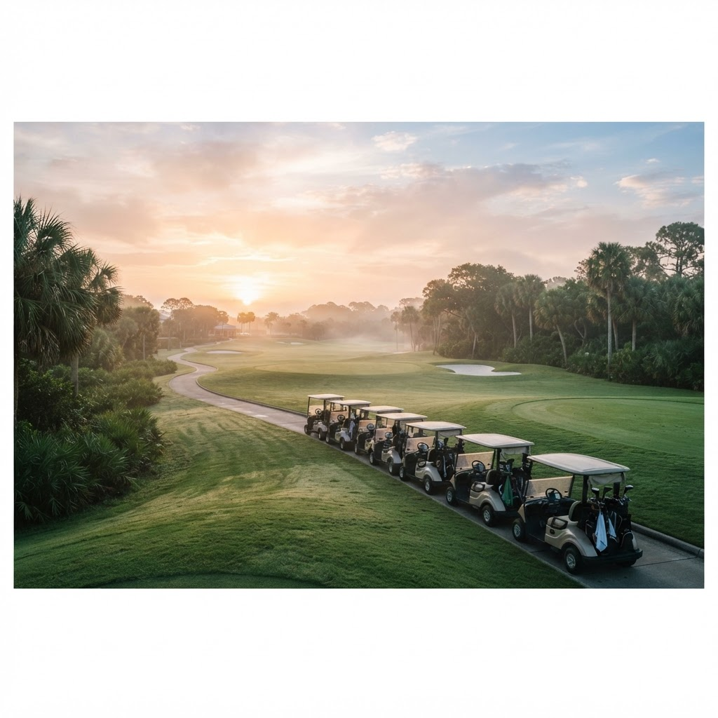 Golf carts staged along the cart path at sunrise before the DFP Classic